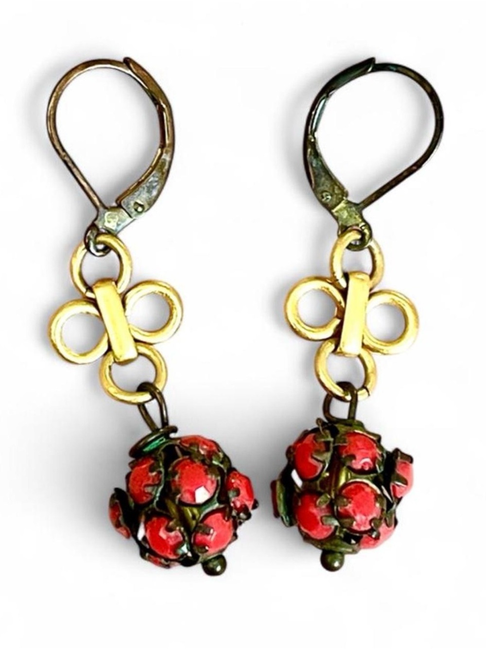 Vintage 1960 Red Glass Cluster Orb Dangle Earrings Victorian Revival Renaissance